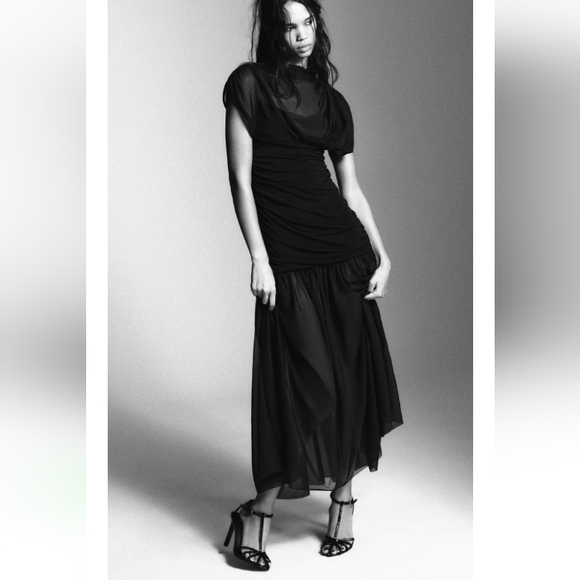 Zara Dresses & Skirts - Zara Elegant Black Combined Draped Long Dress